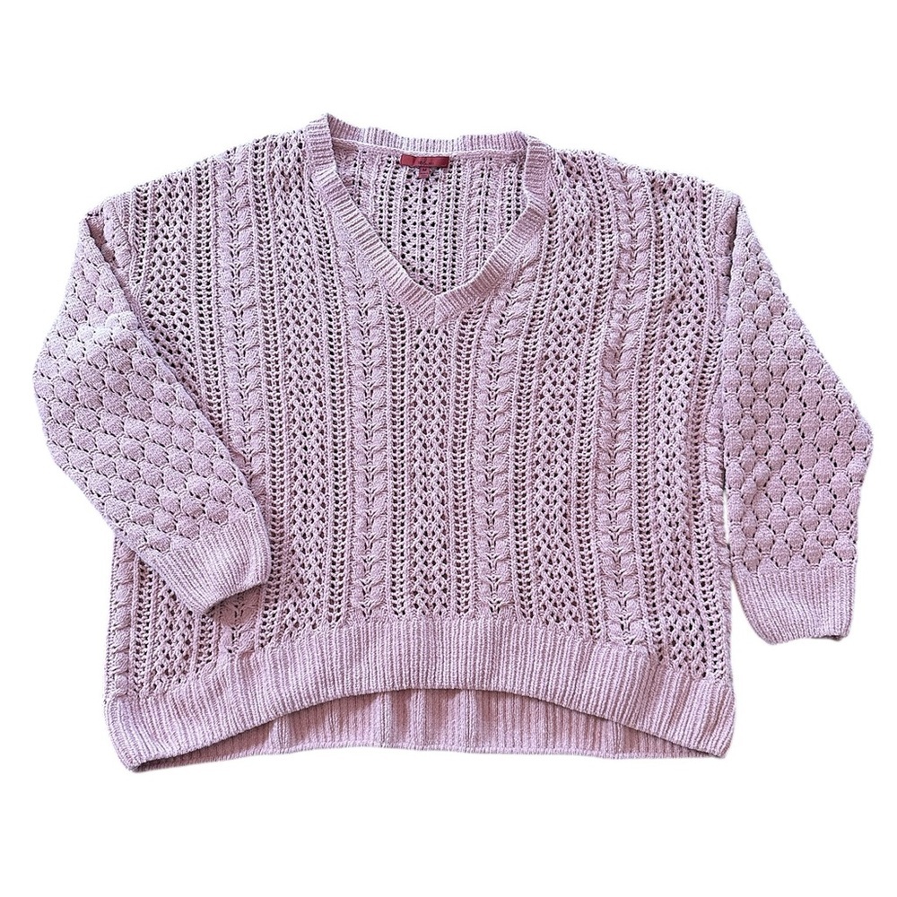 Red by BKE Sweater Wmn M Pink V-Neck Open Knit Chenille Popcorn Sleeve Excellent